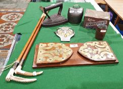 Victorian brass-mounted walnut book slide, a folding book rest, AA badge no.2C07051, flat iron and