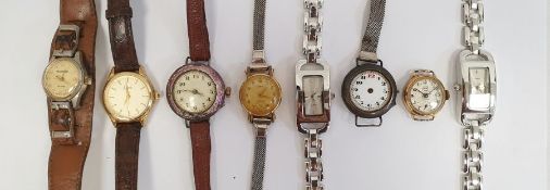 Silver-coloured metal and purple enamel wristwatch on brown leather strap (enamel worn), a pair of