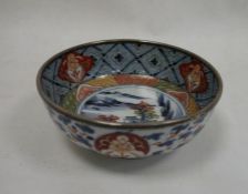 Japanese Imari porcelain bowl with silver-mounted rim, Birmingham assay, lakeside landscape