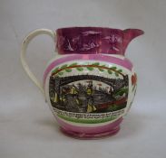 Early 19th century pink Sunderland lustre jug, transfer printed 'A West View of the Iron Bridge at