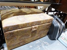 Vintage upholstered ottoman and suitcase and contents of assorted textiles (2)
