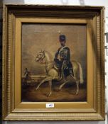 Unattributed Oil on canvas Cavalry soldier mounted on a white horse, 36cm x 30cm