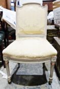 French style bedroom chair, grey painted frame, turned and fluted front legs to castors, yellow