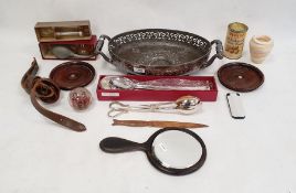 Quantity of modern plated serving spoons, postcards, coins, rosewood backed mirror and other