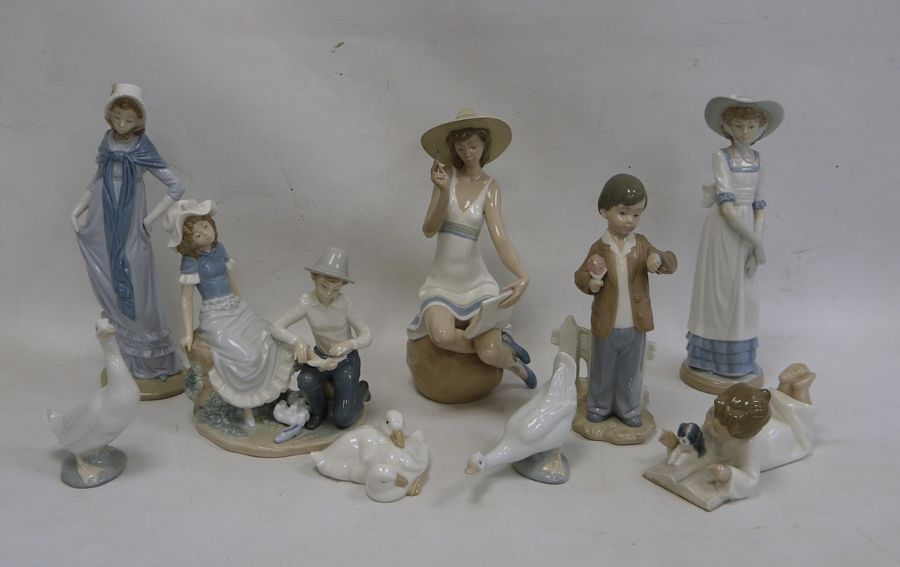 Quantity of Nao figures to include boy bandaging girl's foot, Edwardian-style lady, girl seated on