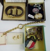 Cameo brooch, quantity of costume jewellery, badges, medal and Timex watch etc