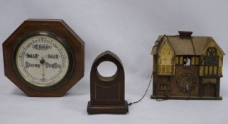 Mahogany-cased barometer by Short & Mason, London, a cuckoo-type clock and one further clock body (