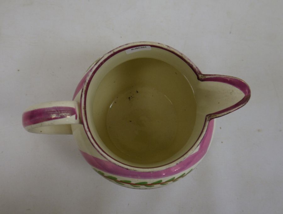 Early 19th century pink Sunderland lustre jug, transfer printed 'A West View of the Iron Bridge at - Image 5 of 6