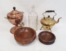 Large glass poison canister with stopper, a brass kettle, small copper samovar and two treen items