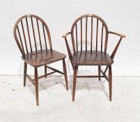 Set of six dark elm Ercol stick-back chairs (4+2), dark elm seats, beech backs and base (6)