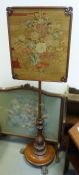 19th century mahogany polescreen with needlework decoration, baluster turned supports, cylindrical