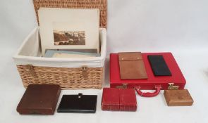 Wicker hamper, a red briefcase, quantity ephemera to include postcards and other items