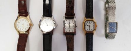 Six assorted lady's and gentleman's modern watches, a sewing machine pendant on chain, a butterfly
