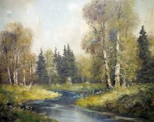 J. Fruhmesser (20th century) Oil on canvas Wooded river landscape, signed lower left, unframed, 51cm