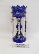 Victorian blue and white overlay glass lustre, having pointed scalloped edge, the top painted with