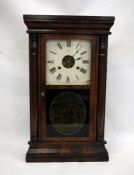 Rosewood American-style wall clock with Roman numerals, printed ice-skaters decoration to glass