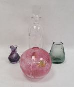 Orrefors decanter, square with rounded shoulders and three 20th century coloured glass vases (4)