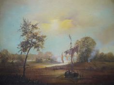 Ted Dyer (b.1940) Oil on canvas River landscape with sailing vessel in foreground, arched bridge,