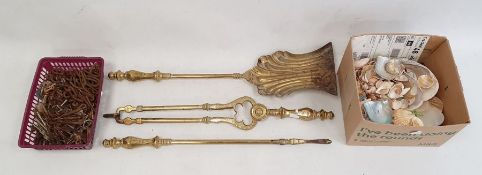Set of three brass fireside implements with engraved baluster handles, quantity old keys and a box