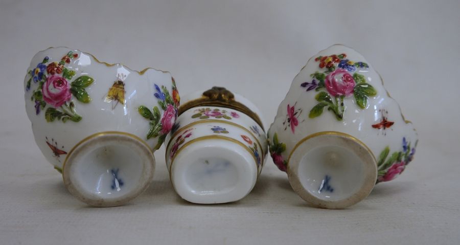 Two Meissen porcelain miniature trefoil pedestal bowls, relief floral spray and bug decorated, - Image 2 of 27