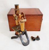 Henry Crouch, London, brass-finish and black metal monocular microscope, no.8938, in mahogany
