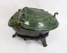 Cast iron and green enamel coal box with scallopshell moulded hinged lid, 48cm long