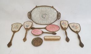 Papiermache glove box, floral decorated, a papiermache tray and similar items to include bookends