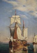 Late 19th/early 20th century school Oil on canvas Ship scene with rowing boats, indistinctly