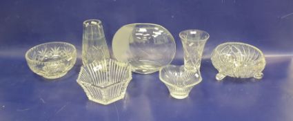 Two cut glass fruit bowls, two tall cut glass vases, a hexagonal heavy cut bowl and a modern rounded
