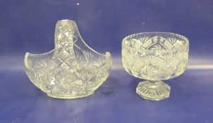 Heavy cut glass pedestal fruit bowl, circular and a heavy cut glass basket with whorl decoration (2)