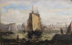 British school (19th century) Oil on canvas Sailing ship off a rocky shoreline with castle and