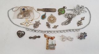 Silver and enamel snowdrop sliding pendant in green and white, marked 900, assorted paste jewellery,