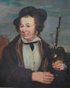 19th century school Oil on board Half-length portrait of a gentleman with a bagpipe, unsigned,