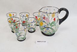 Mid 20th century painted lemonade set with six glasses and jug, floral painted, a quantity of silver