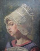 19th century continental school Oil on canvas Head and shoulders portrait of a woman in lace cap,