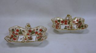 Pair of Spode 'Felspar' porcelain handled rectangular baskets, red pansy decorated with gilt