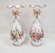 Pair Victorian white opaline glass vases, baluster shaped with frilled everted rim, each handpainted