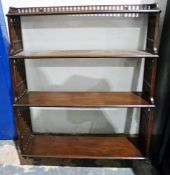 19th century mahogany wall-hanging four-shelf open bookcase with carved side panels and three-