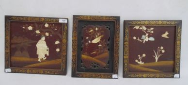 Set of three Japanese lacquer, ivory and mother-of-pearl pictures, variously man in a garden,