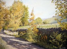 Derek (20th century school) Oil on board Countryside path with sheep in field, signed lower right