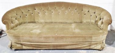 Early Victorian sofa in green dralon upholstery, on turned and gilt front legs to white china