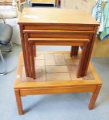 Nest of three mid-century teak modern coffee tables and a further tile-top mid-century modern coffee