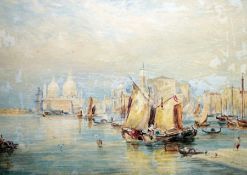 J Nash (19th century)  Watercolour drawing Venetian waterways with figures and vessels, signed lower