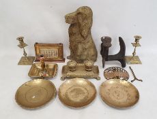 Brass inkstand with two inkwells, iron shoe last, brass-mounted perpetual calendar and other brass