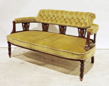 19th century mahogany-framed and inlaid settee with upholstered seat, back and arm rests, on