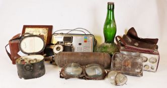 Pyrex roasting dish, a pair of Art Deco amber glass bowls, a vintage Agilux camera, a vintage