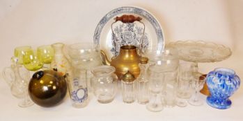 Poole pottery cups and saucers, a brass teapot, glass witch's ball together with various glass and