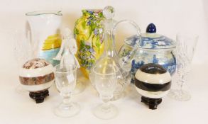Dartington glass tazza, pair of marble balls together with various china and glassware (1 box)