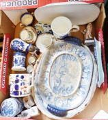 Modern Chinese blue and white vase, various meat trays and assorted chinawares (2 boxes)