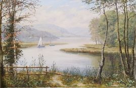 Suppers? Oil on canvas Lake scene with sailboats, signed lower right together with After Paul
